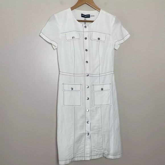 New KARL LAGERFELD PARIS Linen Blend Shirt Dress Snap Front Short Sleeve Size 2 - Picture 2 of 16